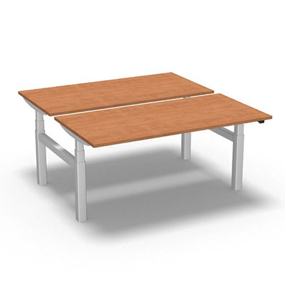 Ensemble de 2 tables de bureau rectangulaires Easy Up L. 160 x P. 80 cm dcor pommier de France sur pitement finition blanc rglable en hauteur par commande lectrique
