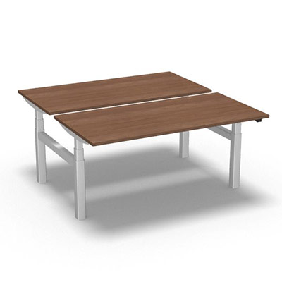 Ensemble de 2 tables de bureau rectangulaires Easy Up L. 160 x P. 80 cm dcor noyer ambr sur pitement finition blanc rglable en hauteur par commande lectrique
