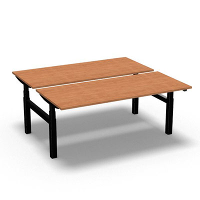 Ensemble de 2 tables de bureau rectangulaires Easy Up L. 180 x P. 80 cm dcor pommier de France sur pitement finition noir rglable en hauteur par commande lectrique