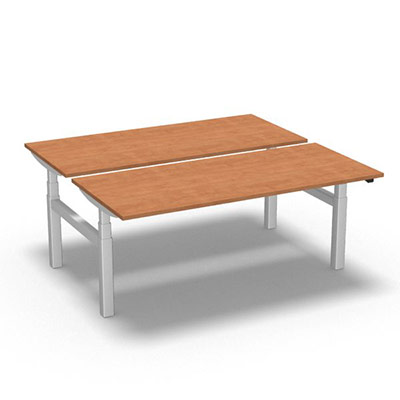 Ensemble de 2 tables de bureau rectangulaires Easy Up L. 180 x P. 80 cm dcor pommier de France sur pitement finition blanc rglable en hauteur par commande lectrique