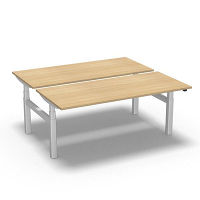 Ensemble de 2 tables de bureau rectangulaires Easy Up L. 180 x P. 80 cm dcor chne clair sur pitement finition blanc rglable en hauteur par commande lectrique