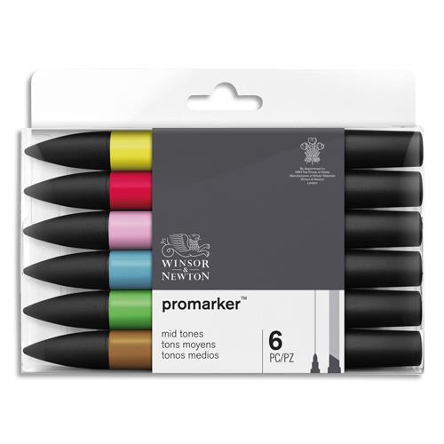 Marqueurs double pointe Promaker Winsor&Newton -  base d'alcool - tons moyens assortis - lot de 6