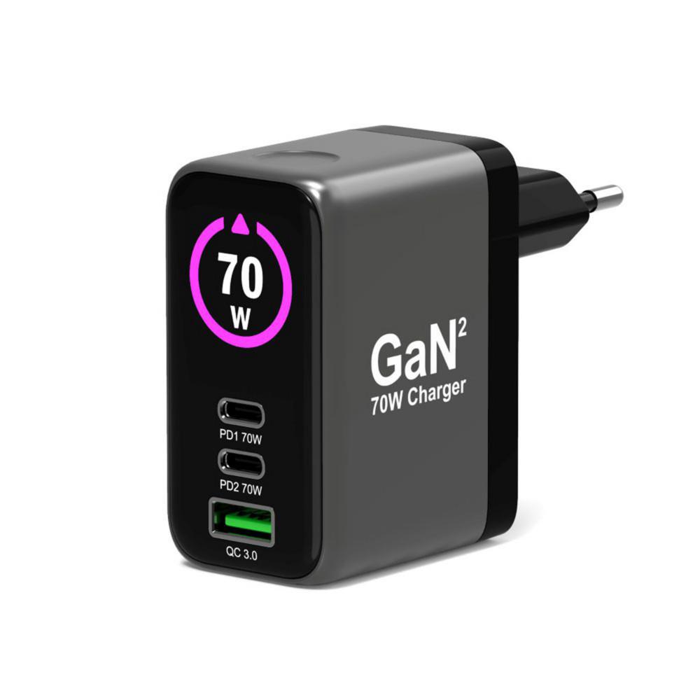 Chargeur mural Port Connect GAN� 70W avec �cran - 2x USB-C et 1x USB-A + C�ble USB-C / C - Noir