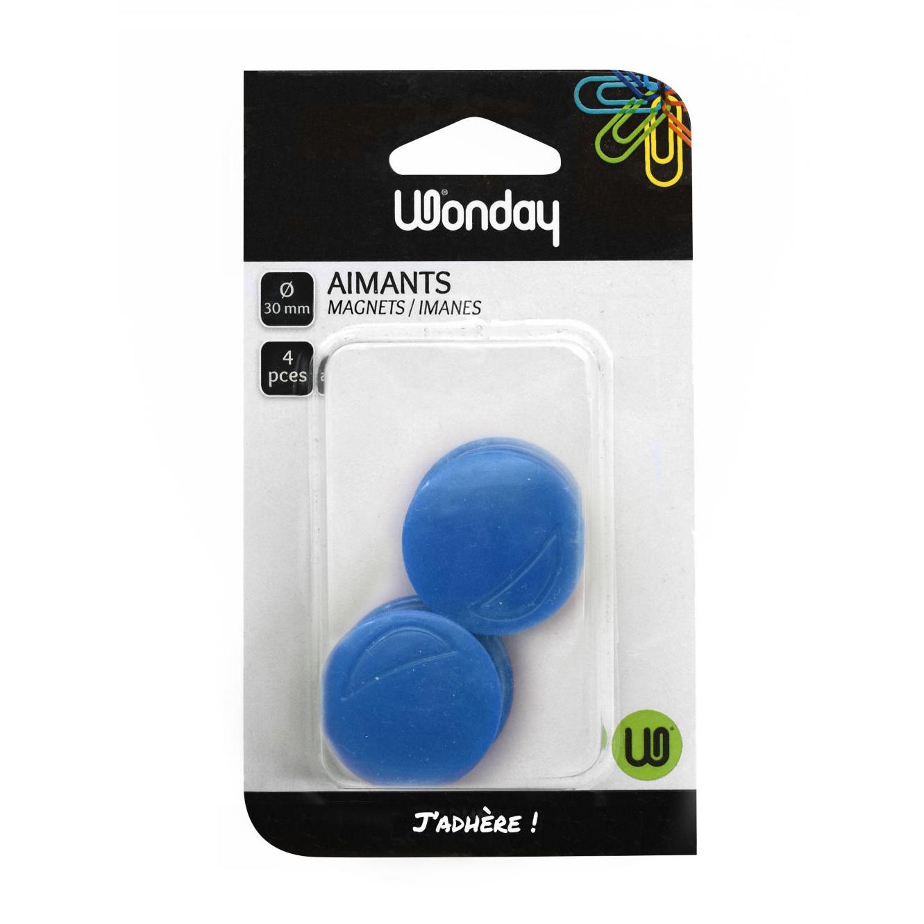 Aimant rond Wonday pour tableau magntique - Diamtre 30 mm - Bleu (blister 4 units)