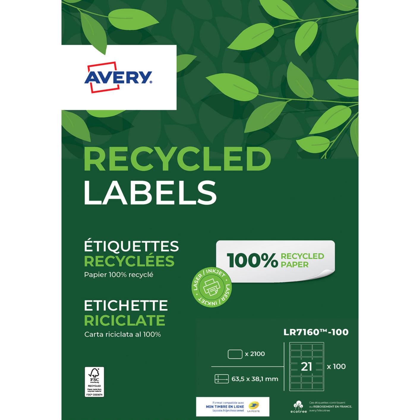 Etiquettes adresse recycles Avery LR7160  - blanc - laser - format 63,5 x 38,1 mm - 100 feuilles - bote de 2100