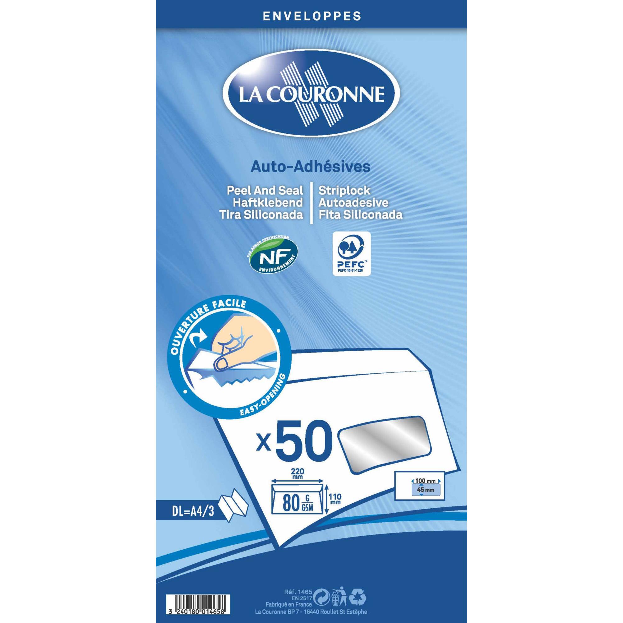 Enveloppes prcases 110x220 La Couronne - blanches - auto-adhsives - 80 g - paquet de 50