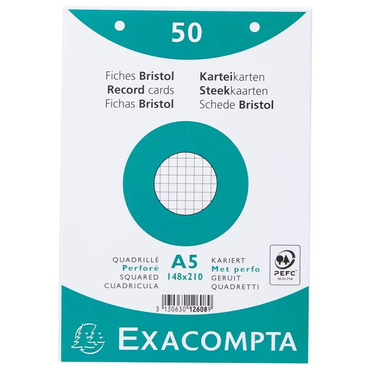 Sachet de 50 fiches bristol Exacompta (sous-film) perfores 148x210mm (A5) quadrilles 5x5 Blanc