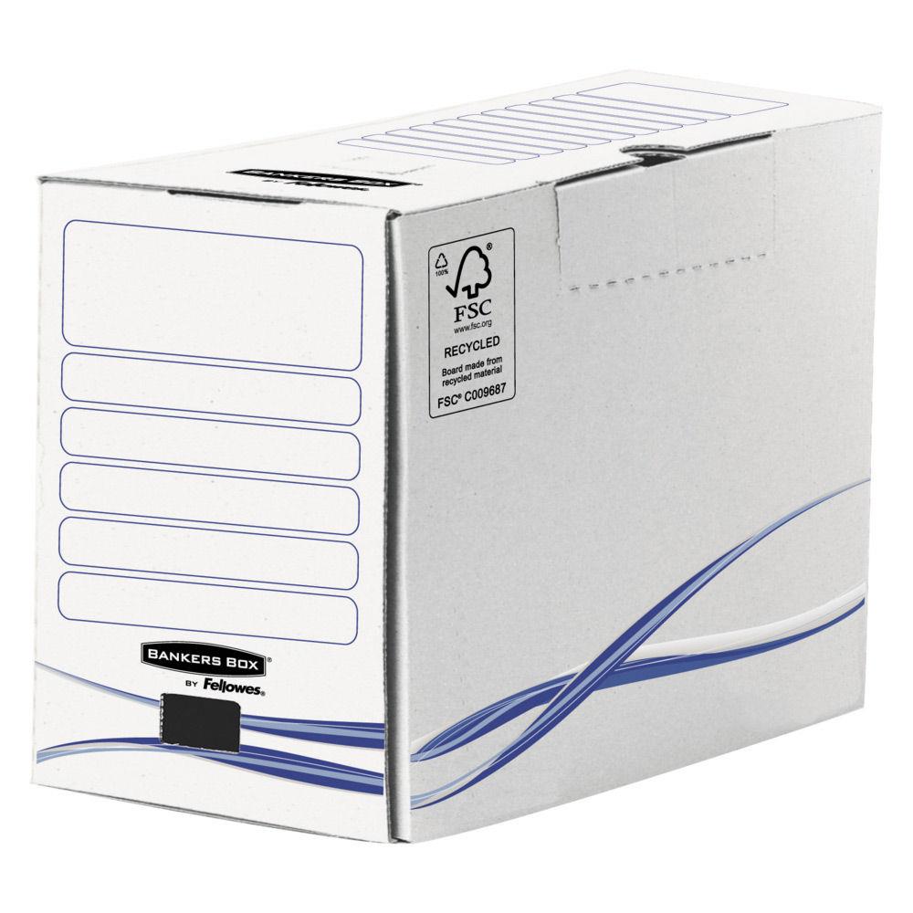 Bote archives carton Bankersbox - dos 20 cm - pour format 24 x 32 cm - H. 255 mm x l. 20 cm x P. 200 mm - Blanc / Bleu - 100% recycl certifi FSC - Lot de 25