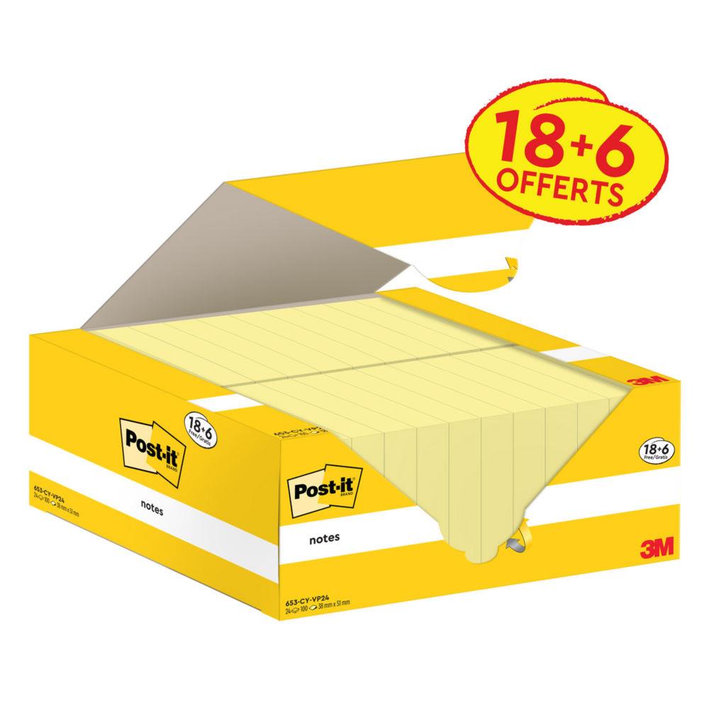 Notes repositionnables Post-it 38 x 51 mm - Jaune - Pack 18 blocs de 100 feuilles + 6 gratuits