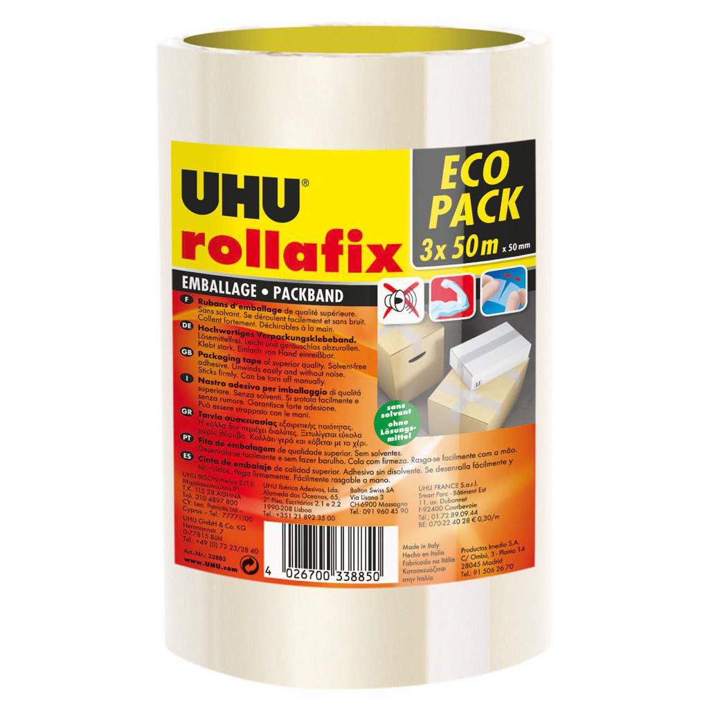 Ruban adhsif d'emballage UHU Rollafix - polypropylne silencieux - 46 microns - 50 mm x 50 m  - lot de 3