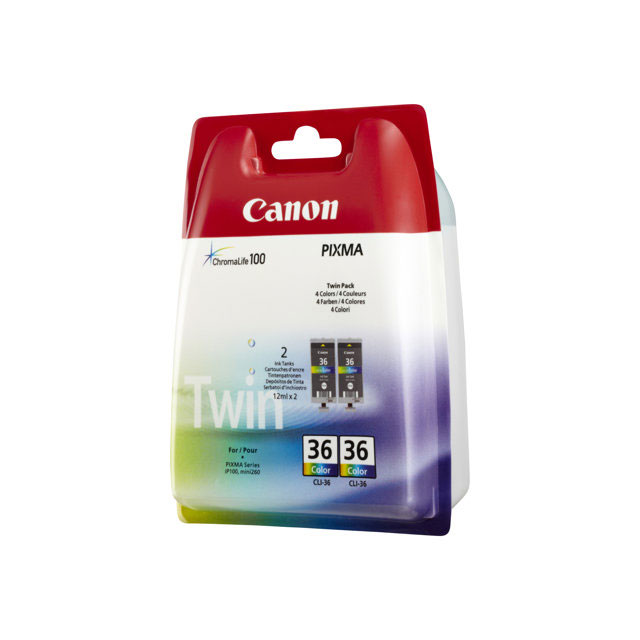 Canon CLI-36 Twin Pack - Pack de 2 - 12 ml - couleur (cyan, magenta, jaune) - originale - blister - rservoir d'encre - pour PIXMA iP100, iP100 Bundle, iP100 with battery, iP100wb, iP110, mini260, mini320