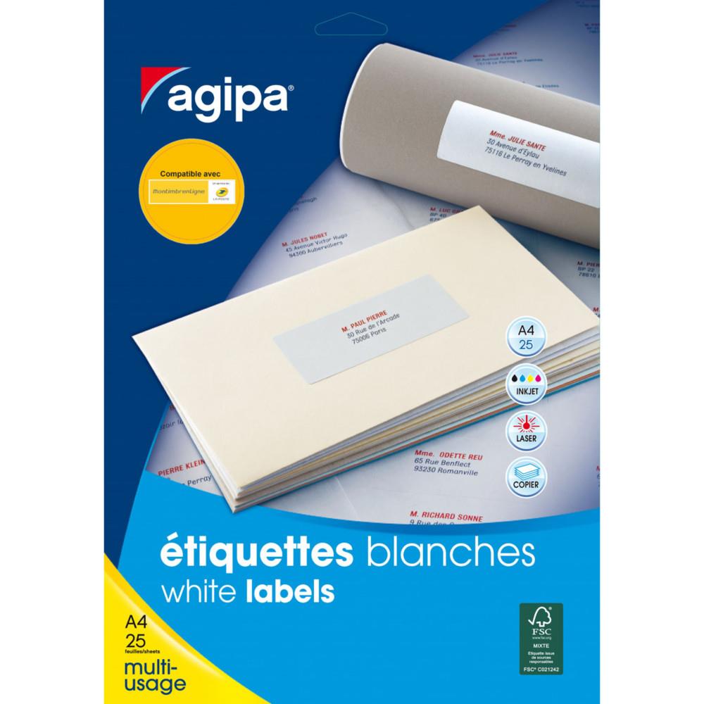 Etiquettes blanches coins arrondis multi-usage AGIPA 119612 99,1  x 33,9 mm - Pochette de 400