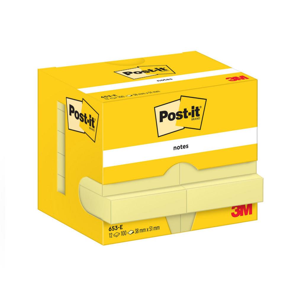 Notes Post-it jaune - 38 x 51 mm - bloc de 100 feuilles - lot de 12