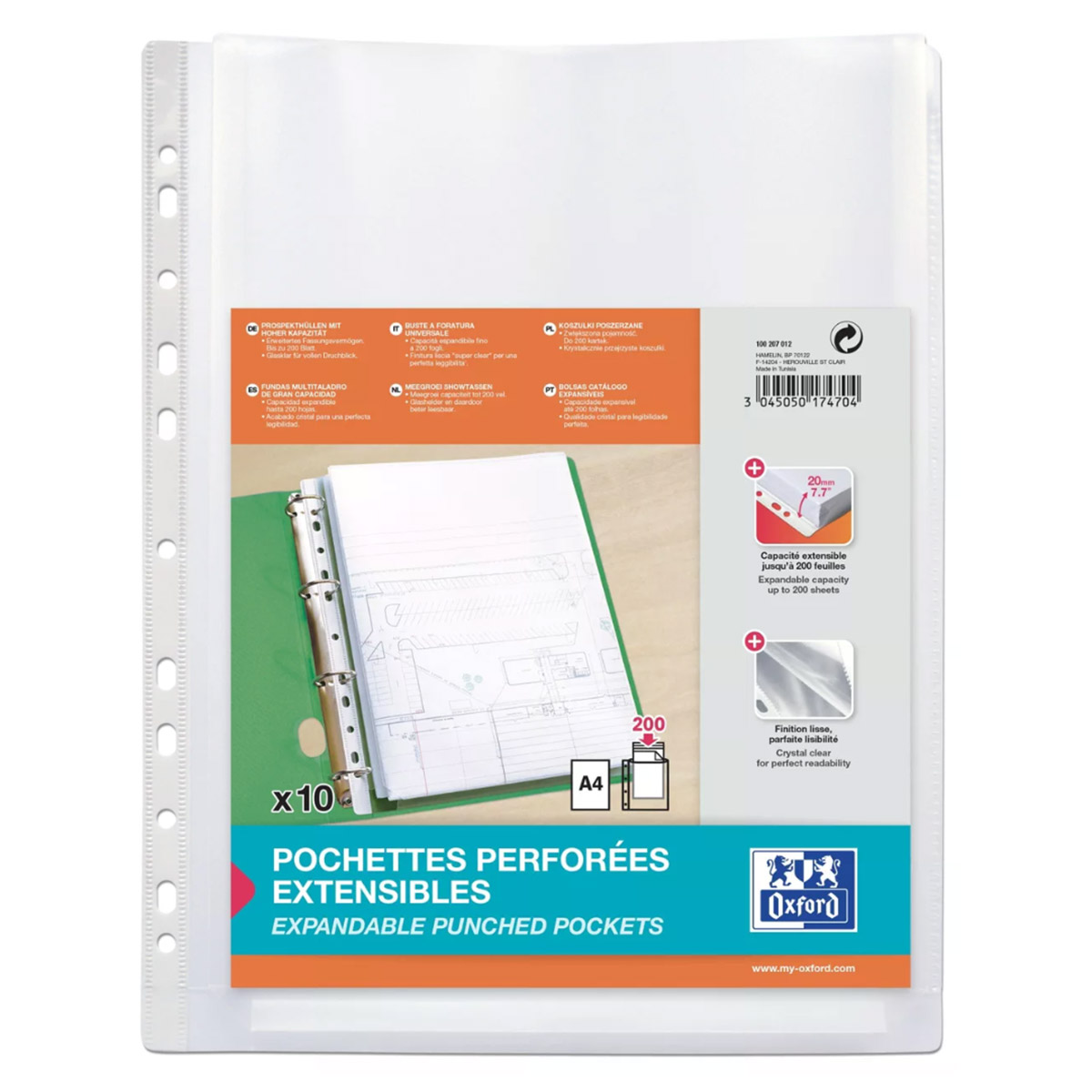 Pochettes perfores pour plans Oxford - polypropylne 20/100e - sans rabat - soufflet 2 cm - A4 - lot de 10