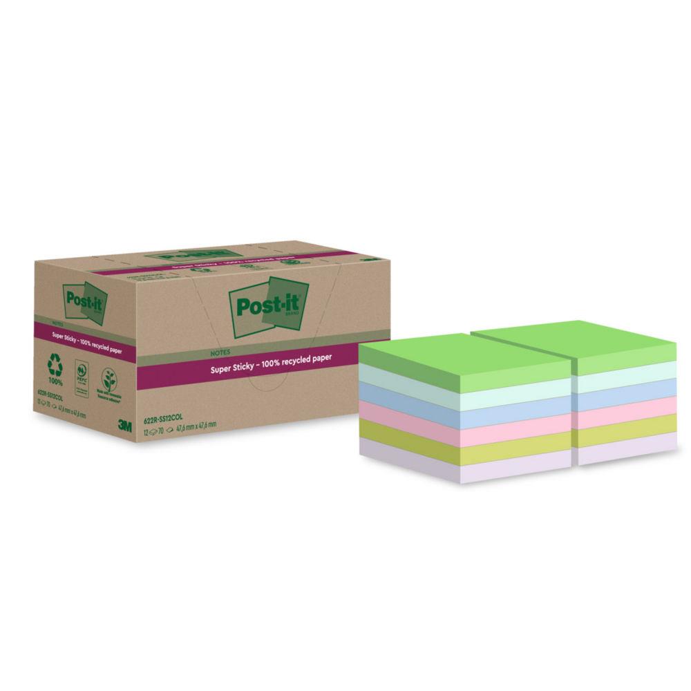 Notes repositionnables recycles Post-it Super Sticky 48 x 48 mm - Coloris assortis - 12 blocs de 70 feuilles