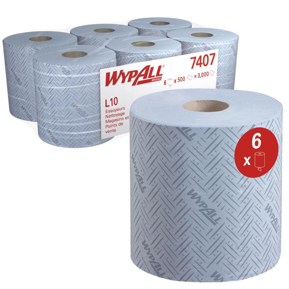 Papier d'essuyage simple paisseur Wypall L10 - 500 feuilles - 185 mm - Bleu - lot de 6 bobines
