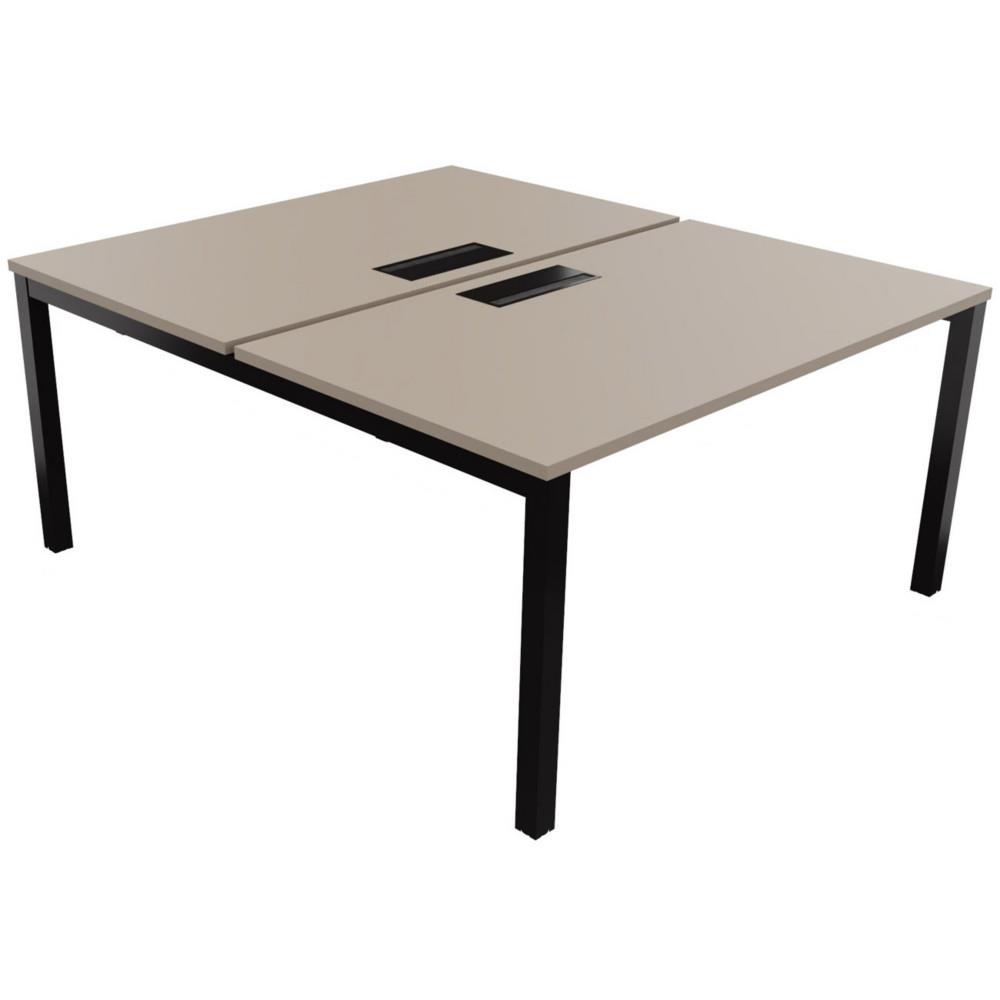 Bureau bench 2 postes Osmose d�part L140 x P163 cm Plateaux Argile avec trappe d'acc�s aux c�bles Pieds m�tal Noir
