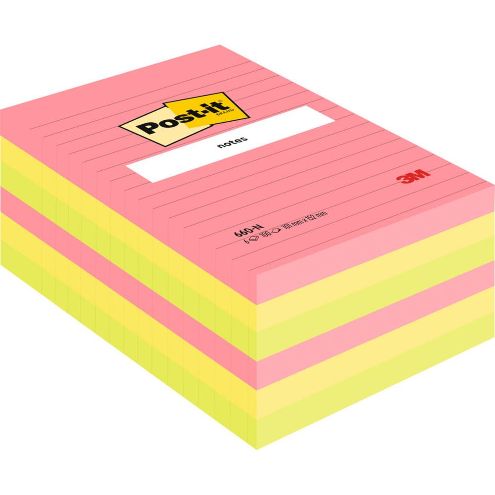 Notes Repositionnables Post-it Lignes Rectangle Non 102 x 152 mm Assortis - lot de 6 blocs de 100 Feuilles