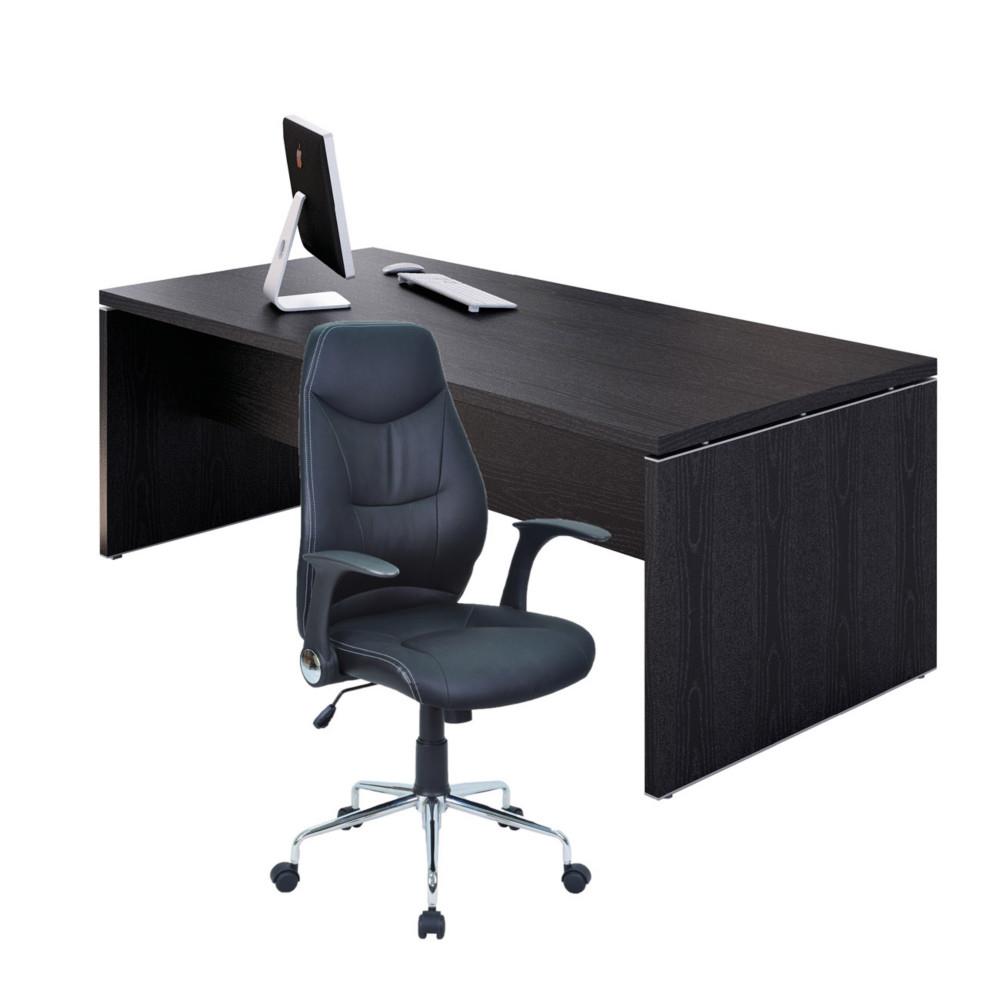 Pack Direction Bureau droit cho L180 x P90 cm Pieds panneaux Frne Noir + sige Performer simili cuir Noir