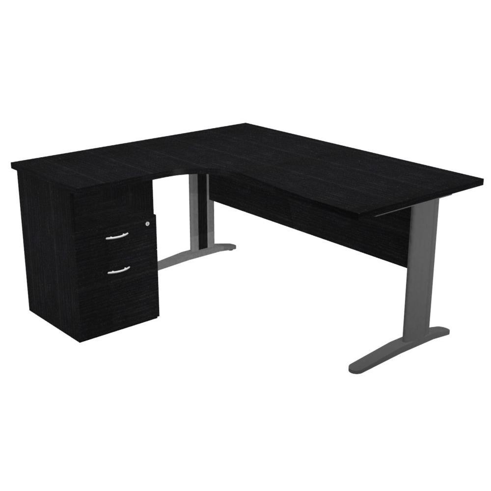 Pack Pulse m�tal - 1 bureau compact retour � gauche noir - pieds L anthracite - 1 caisson hauteur bureau prof. 60 cm