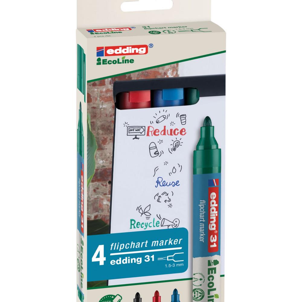 Marqueur permanent Edding E-31 EcoLine pointe ogive moyenne - Pochette de 4 couleurs assorties