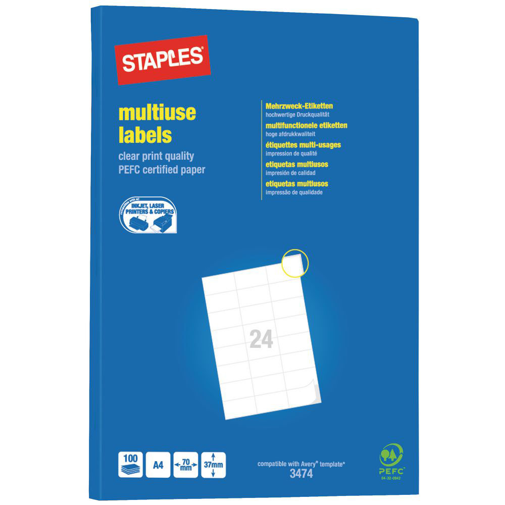 Etiquettes Pergamy multi-usage - 70 x 37mm - en planche A4 - coins carrs - bote de 2400