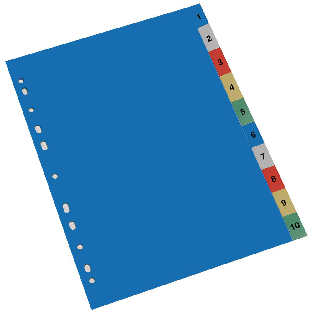 Intercalaires numriques A4 en polypropylne - 10 divisions - assortis - jeu 10 feuilles