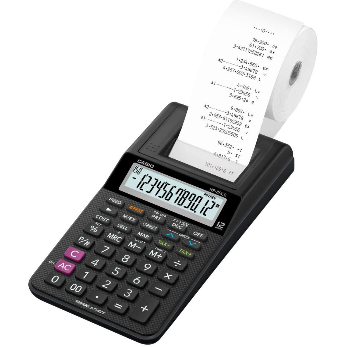 Calculatrice imprimante portable Casio HR-8 RCE - 12 chiffres - Noire