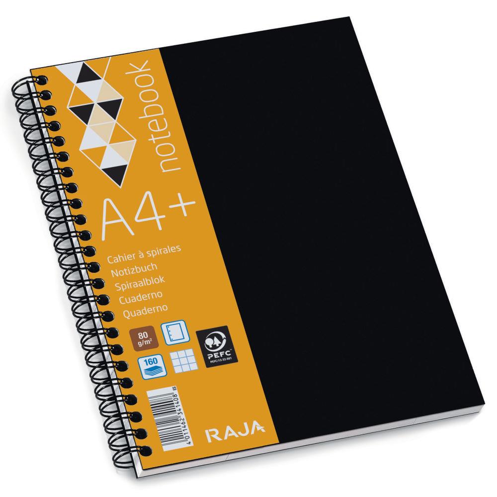 Cahier  spirales Raja - 23 x 29,7 cm - 160 pages 80g - Couverture Polypro Noir - Petits carreaux 5x5 mm
