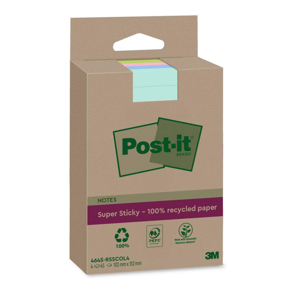 Bloc de notes Post-it Super Sticky Recycles Lignes 102 x 152 mm Couleur assorties - Lot de 4 blocs de 45 Feuilles
