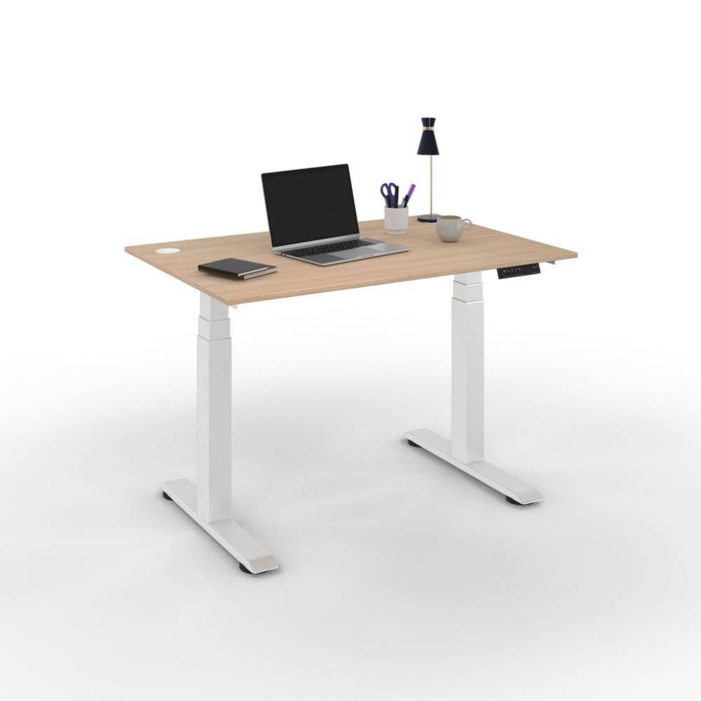Bureau lectrique hauteur rglable Nova L120 cm plateau Chne - pieds mtal Blanc