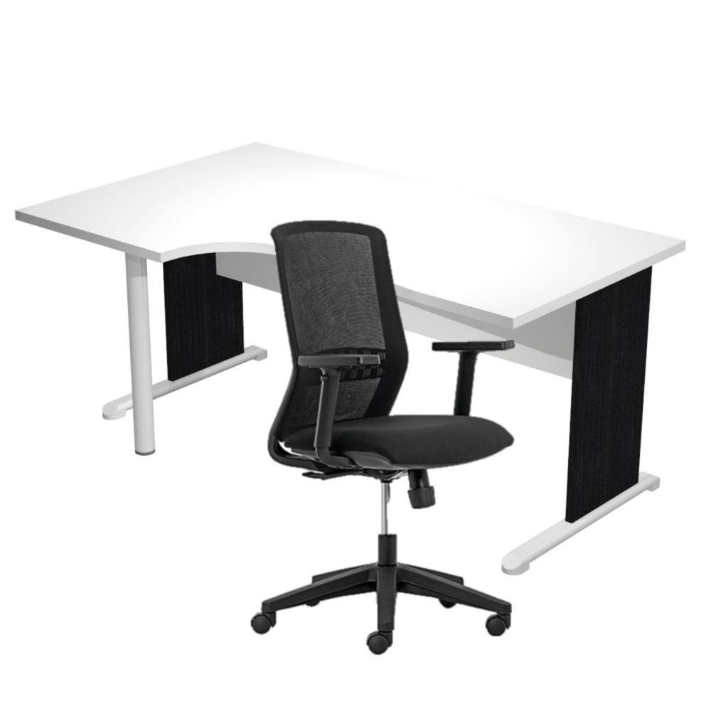 Pack Bureau d'angle compact � gauche Pulse Bois - L160 x P100 cm Blanc - Pieds L Noir + fauteuil Tekna Noir
