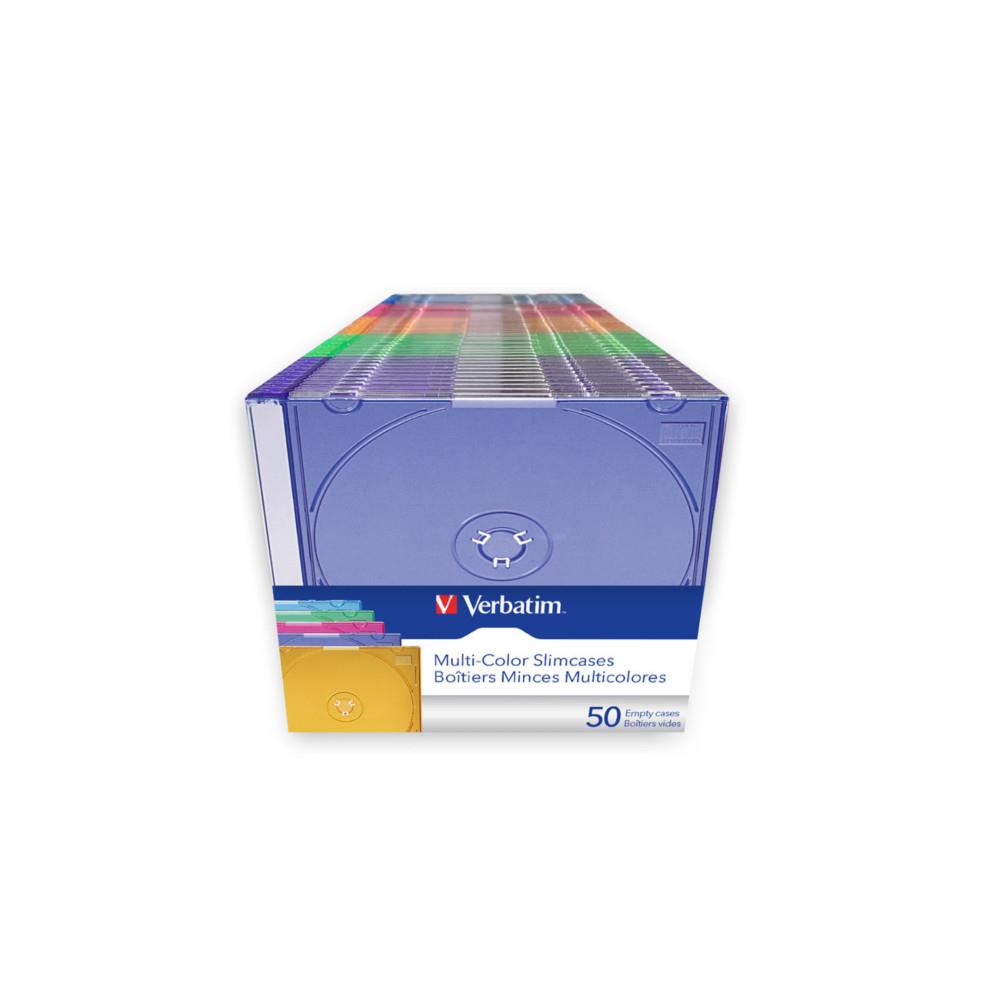 Boitier Slim Verbatim pour CD/DVD - Rangement fin en plastique transparent multicolors - Pack de 50