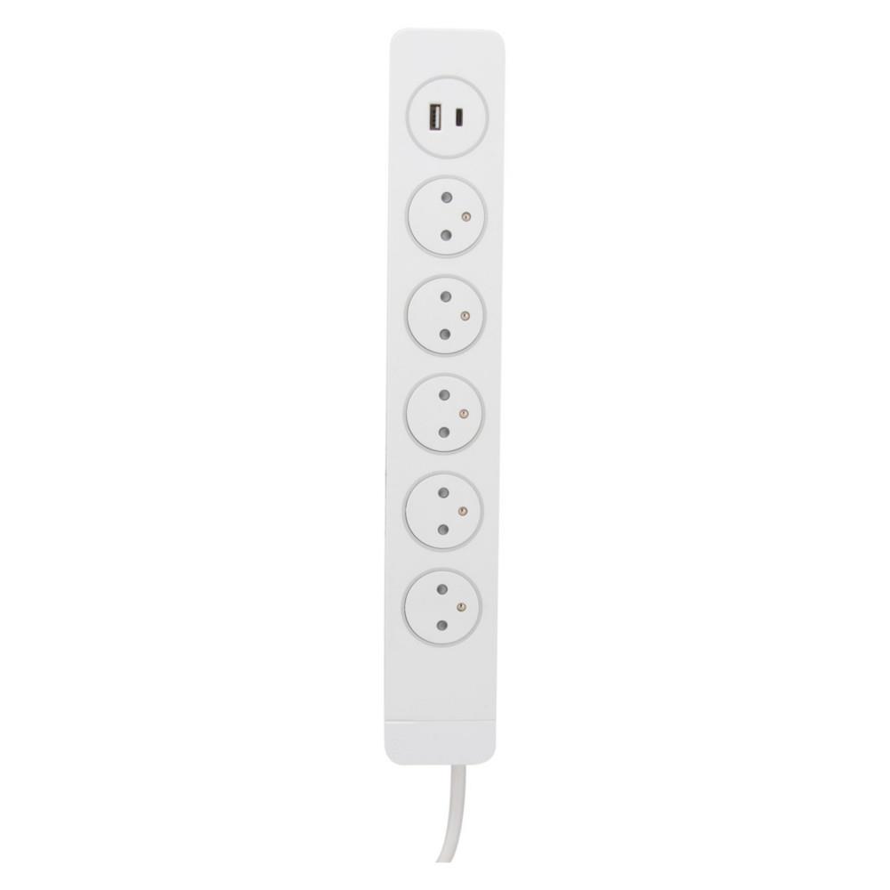 Bloc multiprise Otia Mantea 5 prises secteur parafoudre avec interrupteur � pied + 1 USB-A et 1 USB-C - 12 W - Blanc