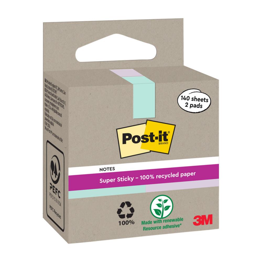 Notes Super Post-it Sticky 76 x 76 mm 100 % recycl�es - 2 Blocs de 70 feuilles - Vert menthe et lilas