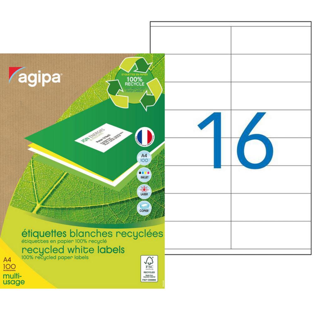 Etiquettes adresses recycles blanches Apli - 105 x 35 mm - 100 feuilles A4 - 1600 tiquettes par bote