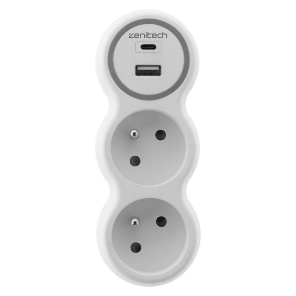 Multiprise murale Zenitech Bloc de 2 prises secteur + 1 prise Chargeur USB-A + 1 USB-C BOLEA - Biplite 16A blanche