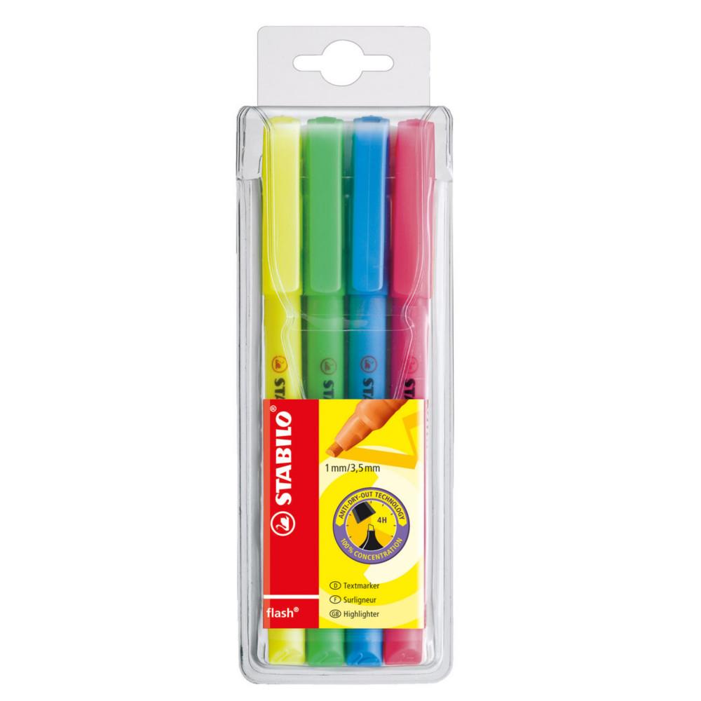 Surligneur pointe biseaute 1 et 3,5 mm Stabilo Flash - Coloris assortis  - Pochette de 5