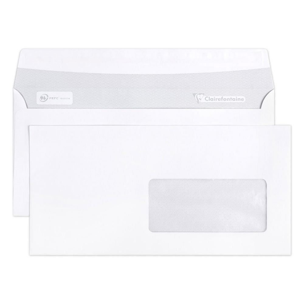 Enveloppe extra blanche Clairefontaine DL  110 x 220 mm 80g avec fentre - bande autoadhsive - paquet de 50