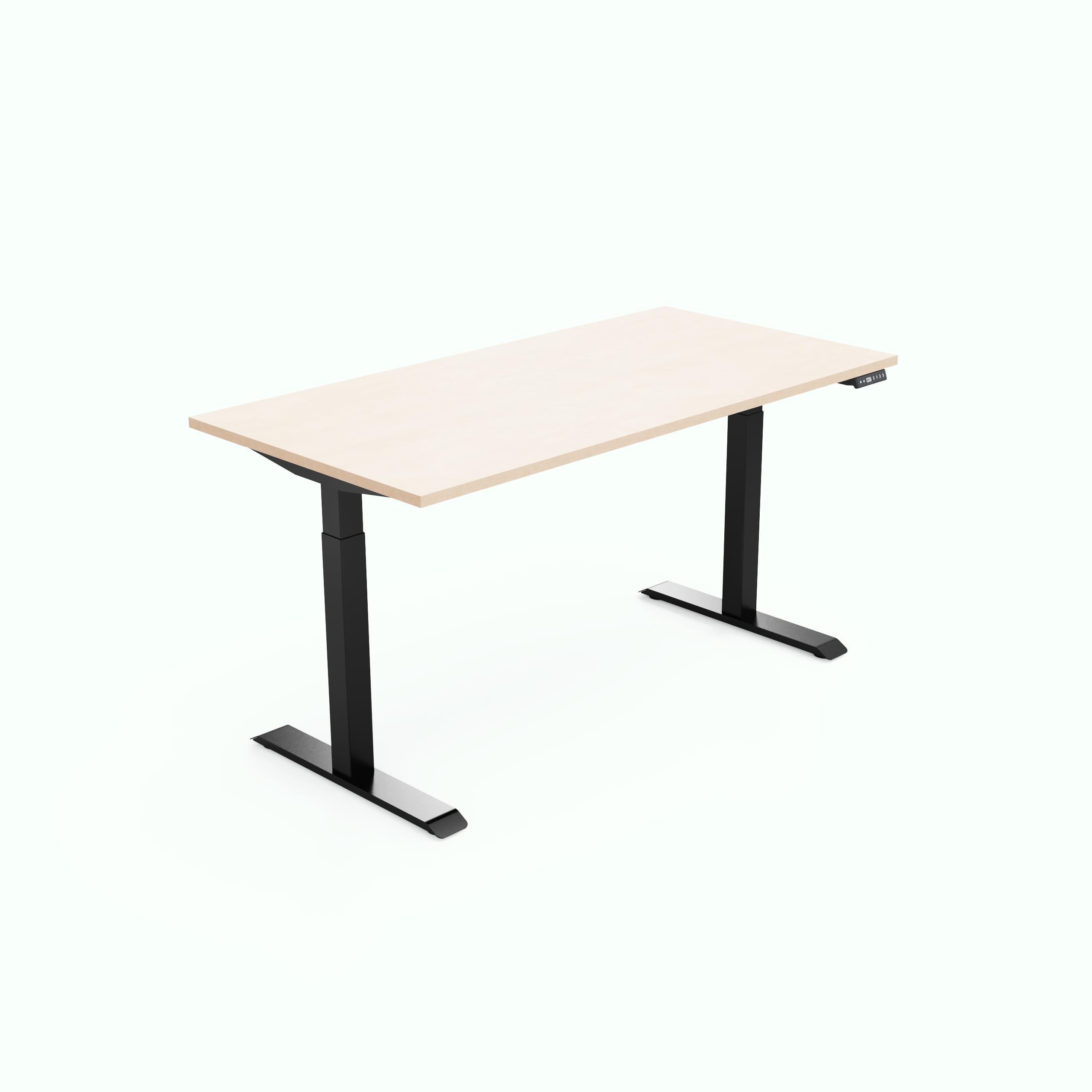 Bureau rectangulaire Lutz 2 L. 160 cm x P. 80 cm plateau dcoup 1 trappe 24x12 paisseur 25 mm mlamine rable blanc + goulotte pitements I section carre 70x70mm motoriss rglables en hauteur avec botier de commande 4 positions mtal lisse noir version europe