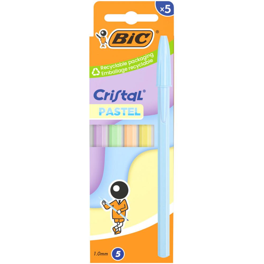 Cristal pastel Bic avec capuchon - Stylo rechargeable - Encre bleue - Pochette 5 corps diff�rents