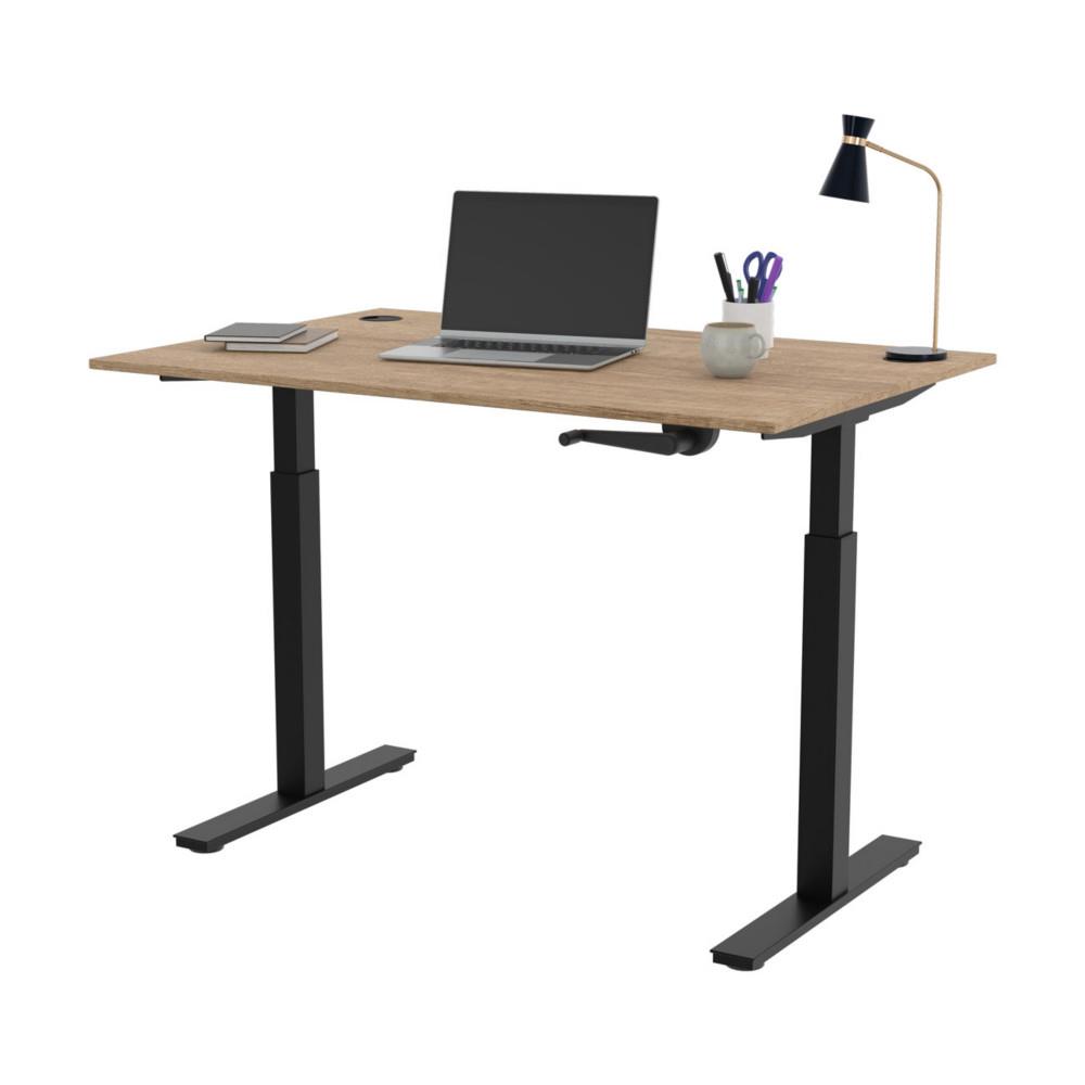 Bureau Assis-Debout Nova  Manivelle L.120 x P.80 cm - Plateau avec Obturateurs Chne Nebraska - Pieds mtal Noir