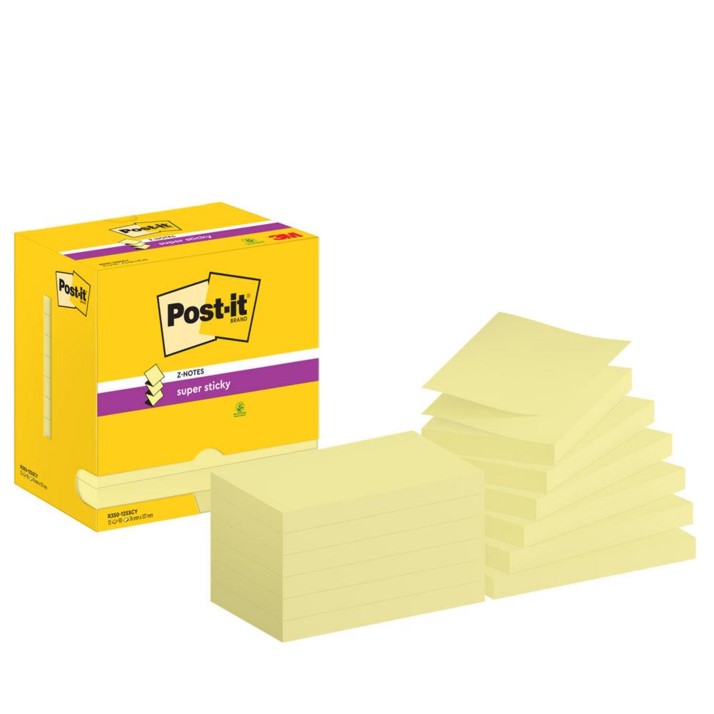 Notes Repositionnables Post-it Z-Notes Super Sticky rectangle Jaune 127 x 76 mm - lot de 12 blocs de 90 feuilles