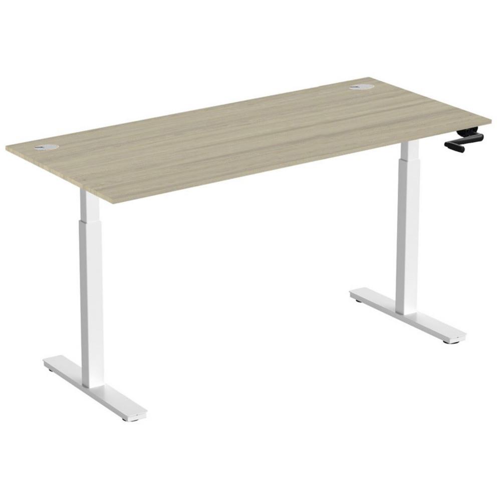 Bureau Assis-Debout Nova � Manivelle L.180 x P.80 cm - Plateau avec Obturateurs Ch�ne - Pieds m�tal Blanc