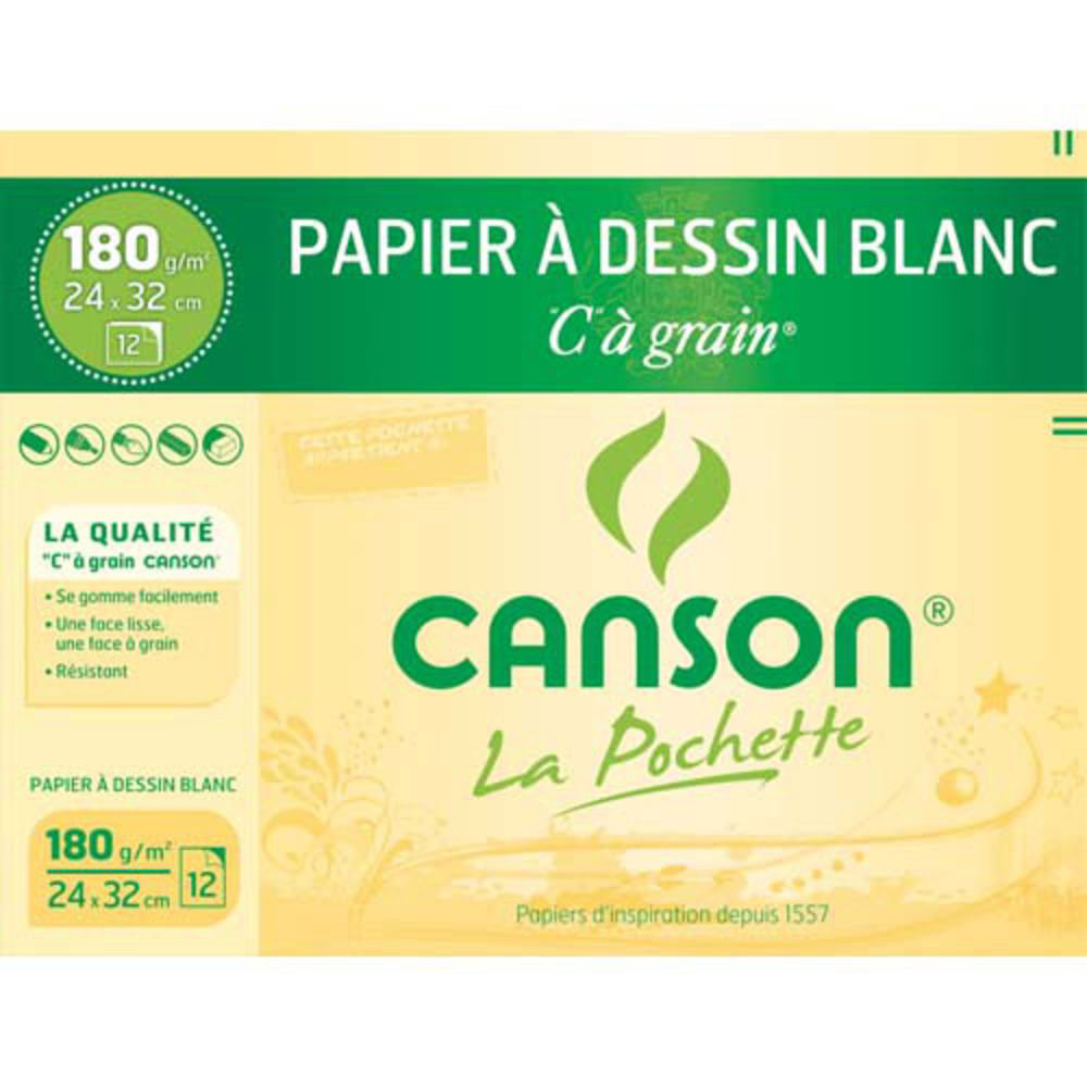 Feuilles � dessin Canson "C" 27-102 - � grain - 180 g - Format 24 x 32 cm - blanc - pochette de 12