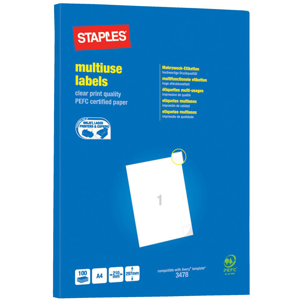 Etiquettes Pergamy multi-usage - 210 x 297mm - en planche A4 - coins carrs - bote de 100
