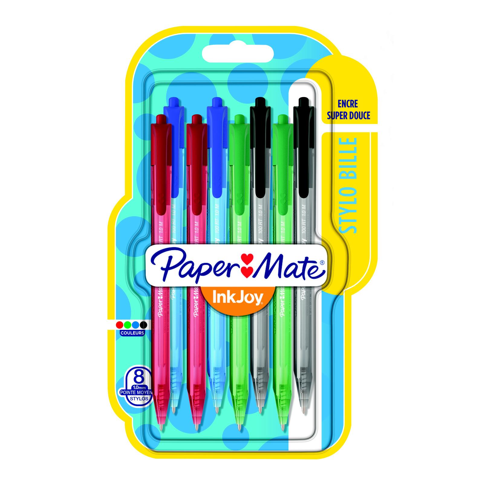 Stylo  bille Papermate InkJoy 100 RT - pointe moyenne 1 mm - pochette de 8 assortis