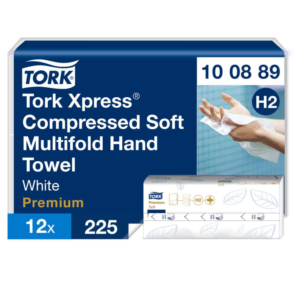 Xpress Essuie-mains Tork Compress�s interfoli�s double �paisseur doux H2 Premium - 100889 - Lot de 12 paquets de 225 feuilles blanches