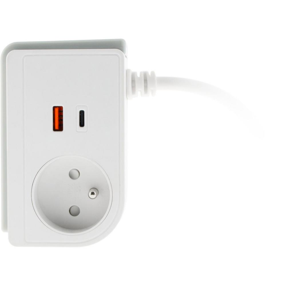 Bloc prise Otio compact clipsable avec 1 prise secteur + 1x USB-A et 1x USB-C - 20W - Blanc