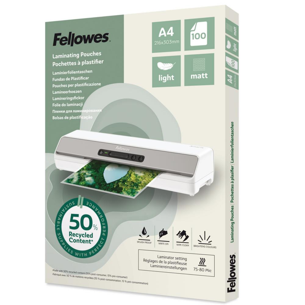 Pochettes de plastification Fellowes A4 Recycl�es - Epaisseur Light : 75/80 microns - Fintition Mate - Bo�te de 100